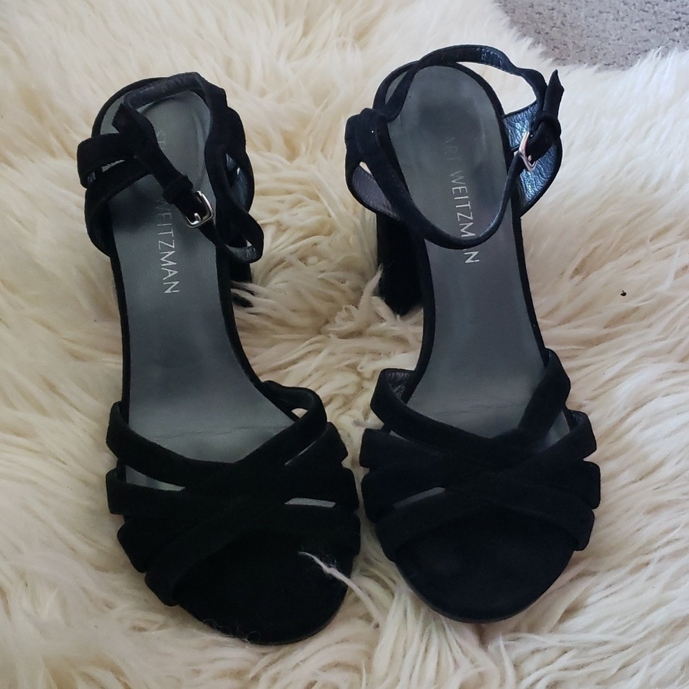 Stuart Weitzman stappy chunky suede leather heel black size 7